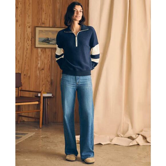 Faherty Beach Fleece Quarter Zip Sweatshirt Striped Jacket Navy Blue White - Picture 16 of 16